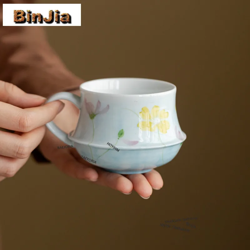 BAEJORIA 210ml Hand-painted Galsang Flower Lake Blue Glaze Mug Boutique Coffee Cup Mug Tea Maker Office Water Cup Drinkware Gift