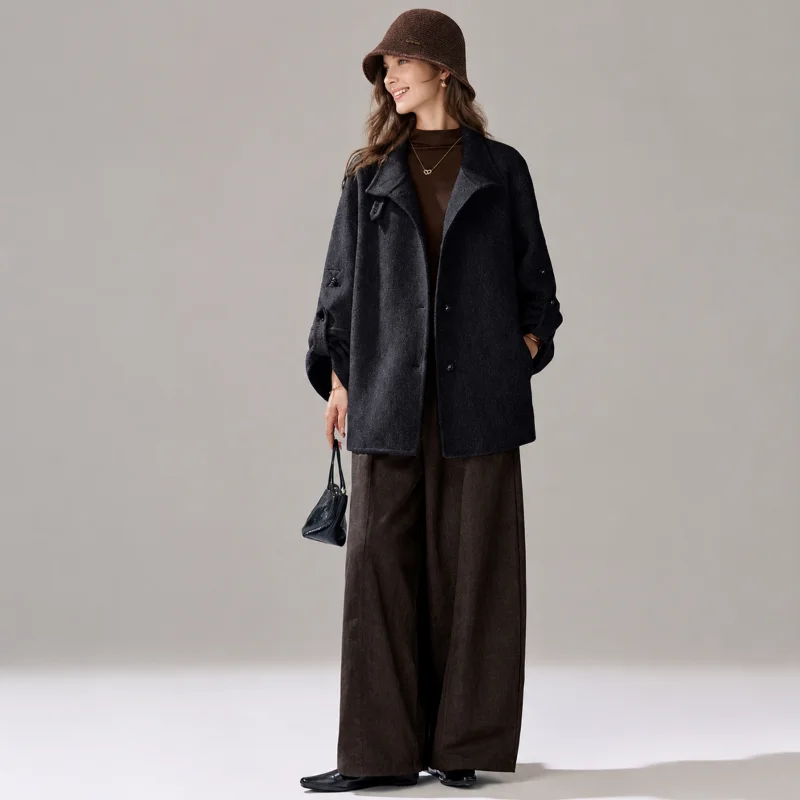 Women's Stand Collar Button Front Mid Coat, Roll Tab Sleeve Oversized Loose Fit Winter Jacket