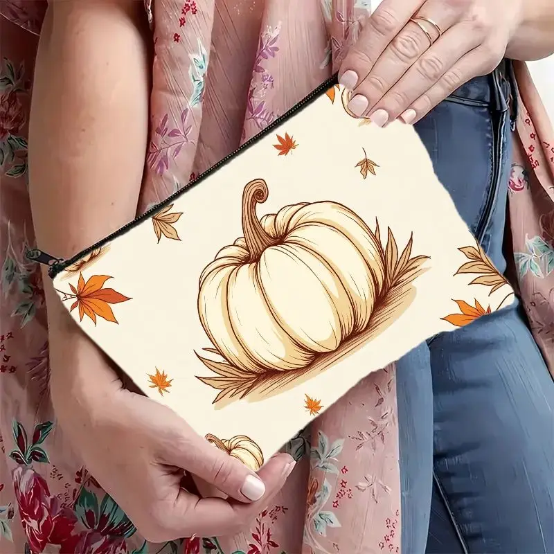 A Autumn Harvest Pumpkin and Maple Leaf Makeup Bag- multifunctional zipper pouch, jewelry storage bag, perfect travel zipper sma