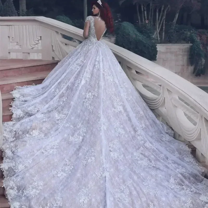 Customized Cathedral Train Lace Shiny Crystal Beading Vestido De Noiva Vintage Long Sleeve Muslim Wedding Gowns