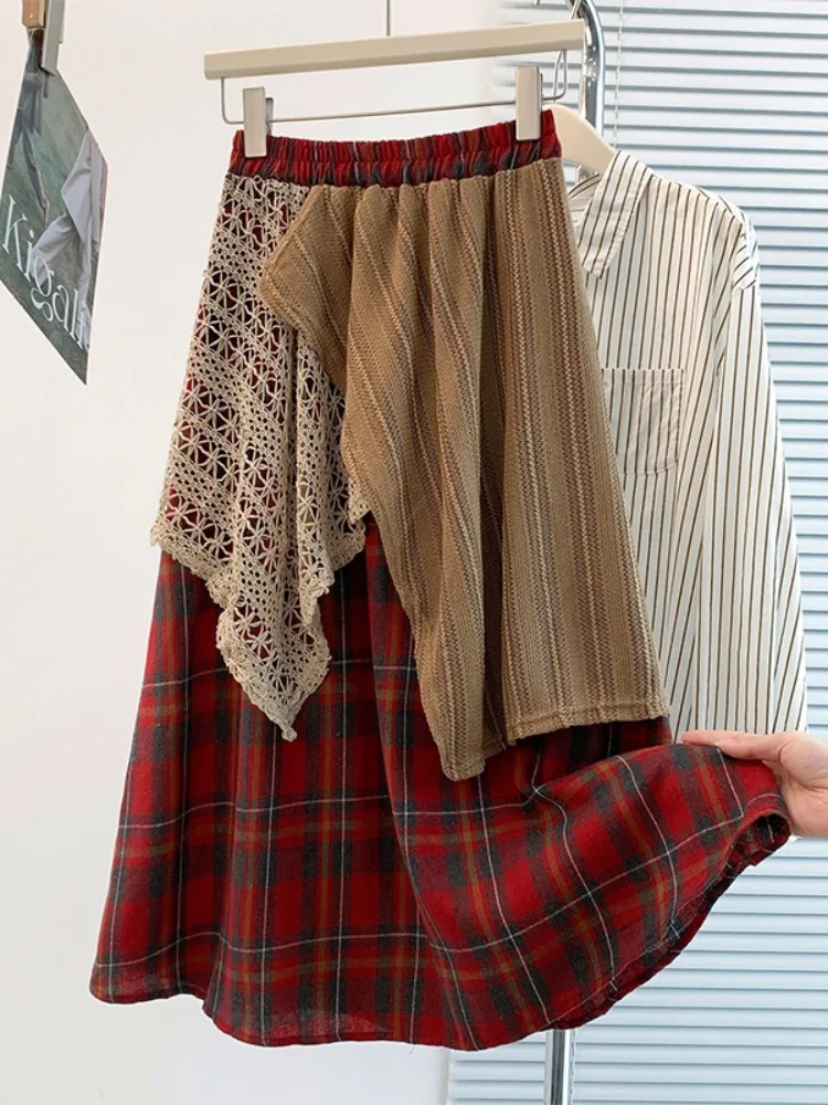 Travel Inspired Half Skirt Women's Summer Unique Design Patchwork Plaid Long Skirt Asymmetrical A-Line Loose Fit Elastic Waist