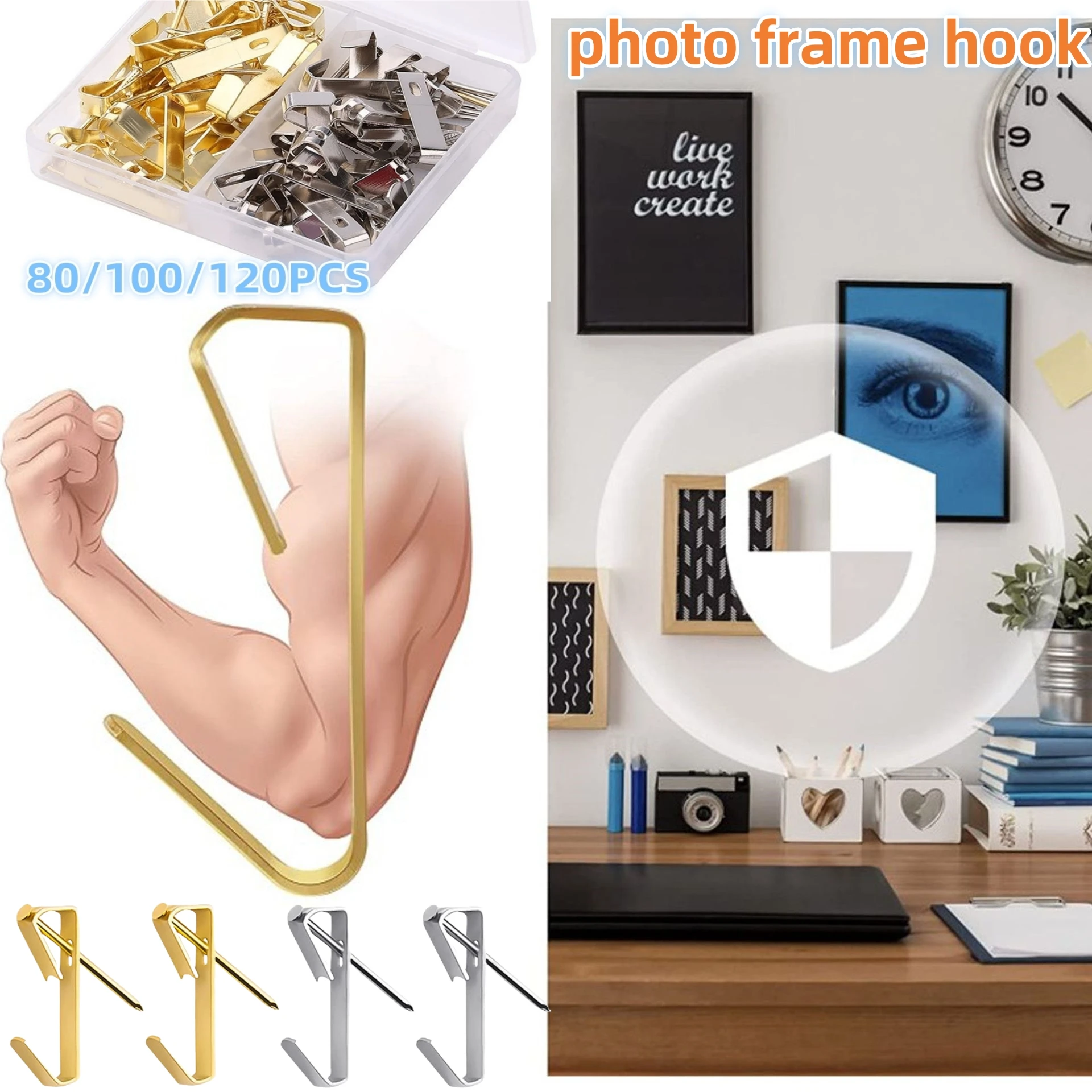 80/100/120PCS Hook Boxed 30LB Gold Silver Wall Clothes/Keys/Photo Hook Photo Frame Hook Delivery Nail Hardware Suspension Kit