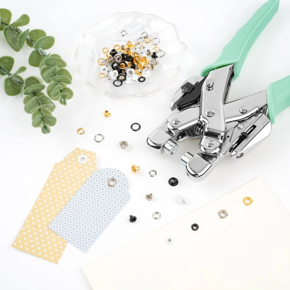 All-in-one Hole Punch & Eyelet Setter 3/16&1/8 Grommet Plier Tool Kit Use on Cardstock Chipboard Fabric Thin Tin Leather Plastic