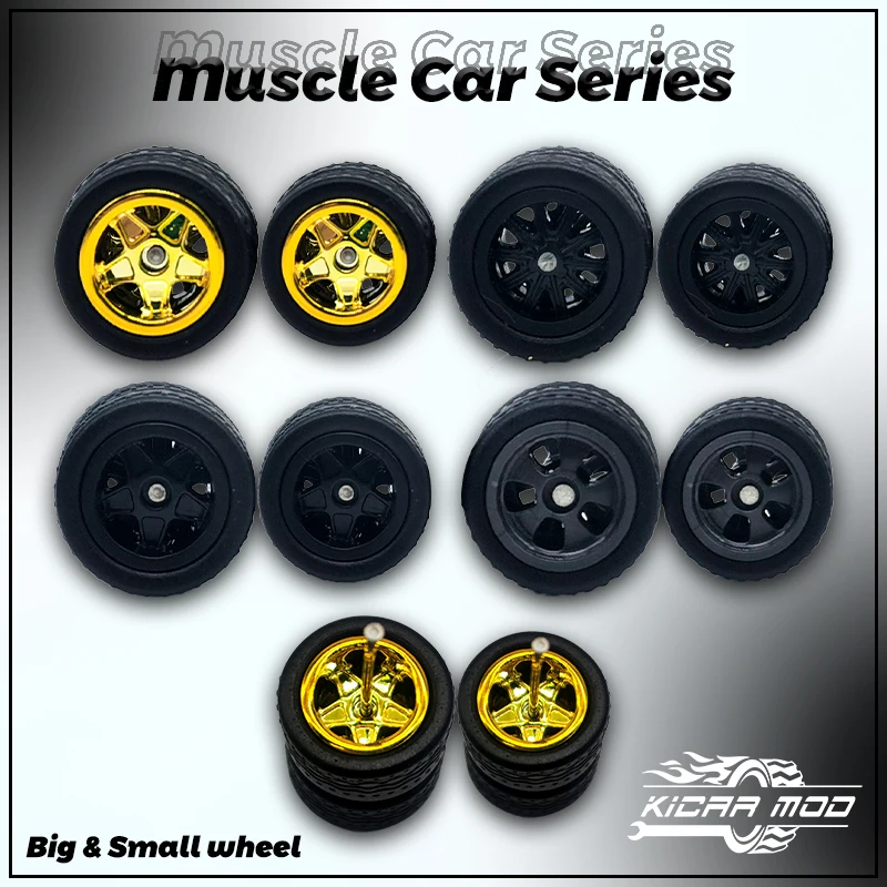 Kickcar 1/64 Muscle Car Wheels Rubber Tires Front Small and Rear Large Detail-up Modified Kit for 1:64 Sports Car Toy(5 sets)