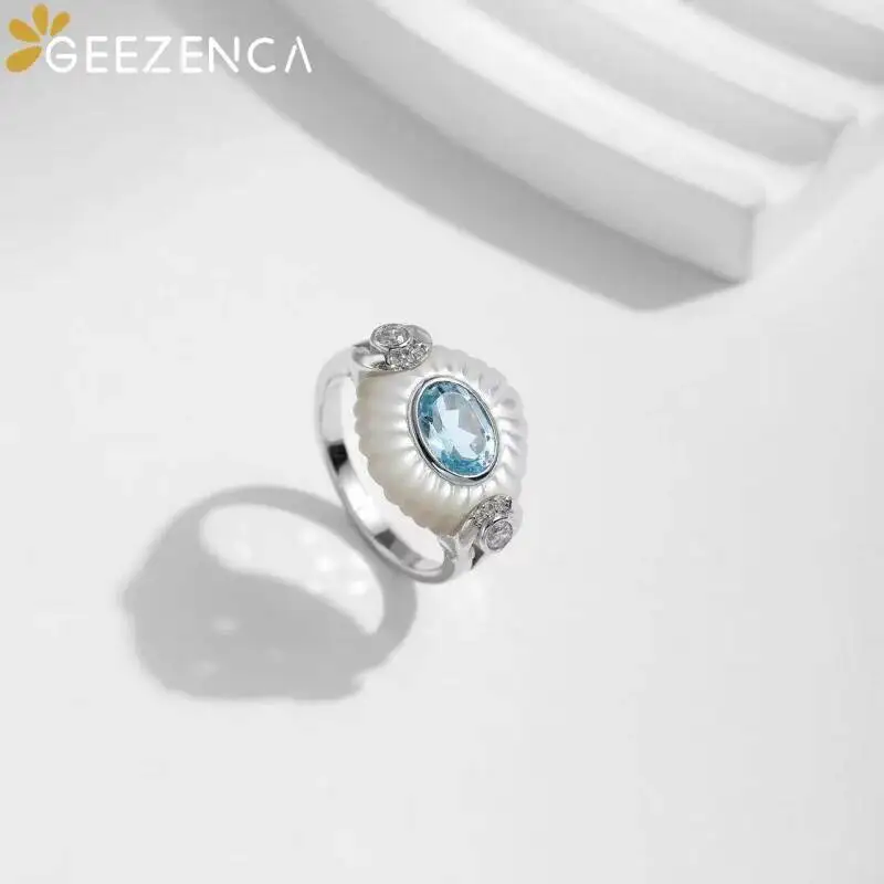 GEEZENCA Natural Topaz S925 Silver White Mother of Pearl Zircon Ring For Women Blue Stone Oval Luxury Chic Rings 2024 New Gift