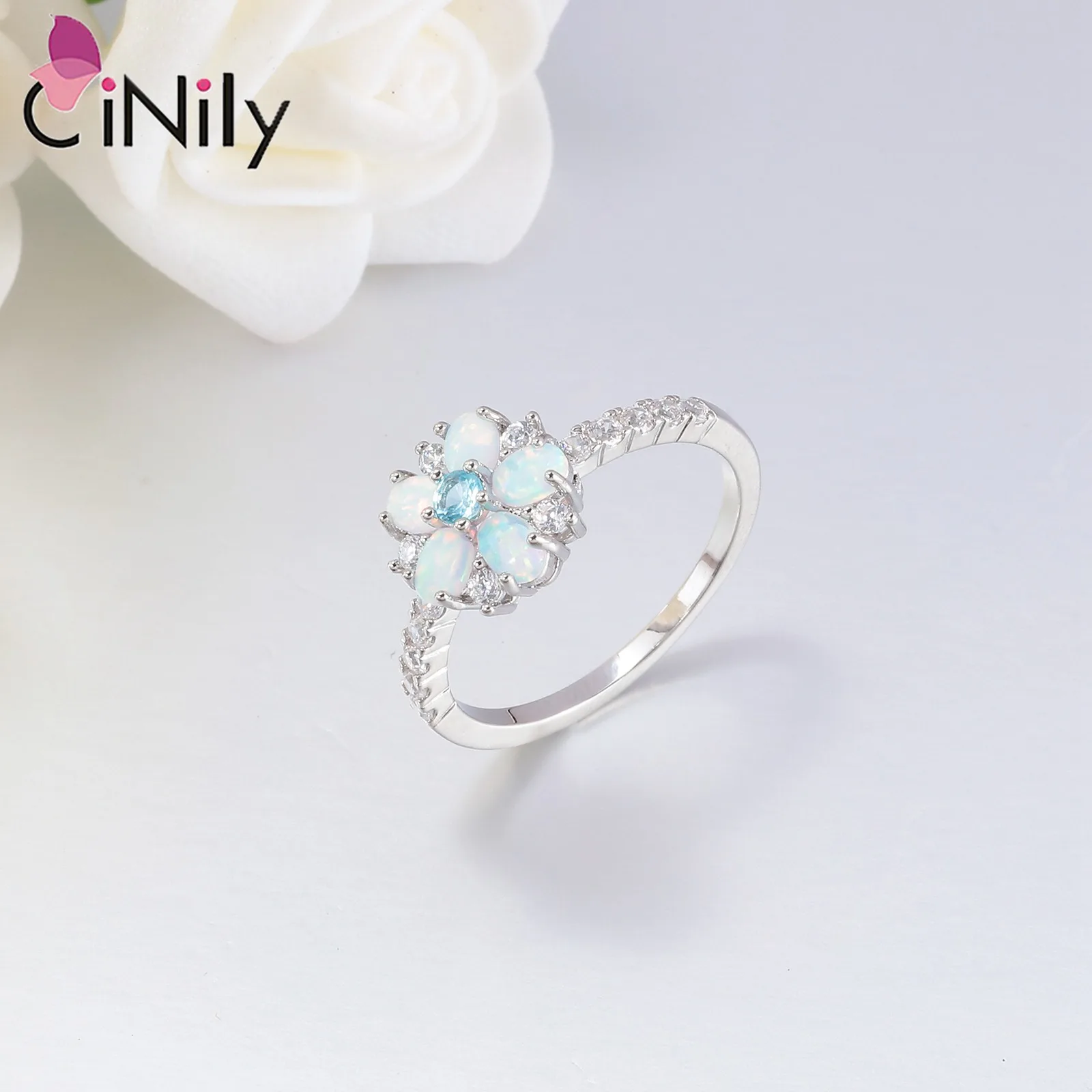 CiNily Fresh Cute White Fire Opal Rings Silver Plated Cherry Filled Ring Flower Flora Bohemia Boho Fully-Jewelled Gift for Women