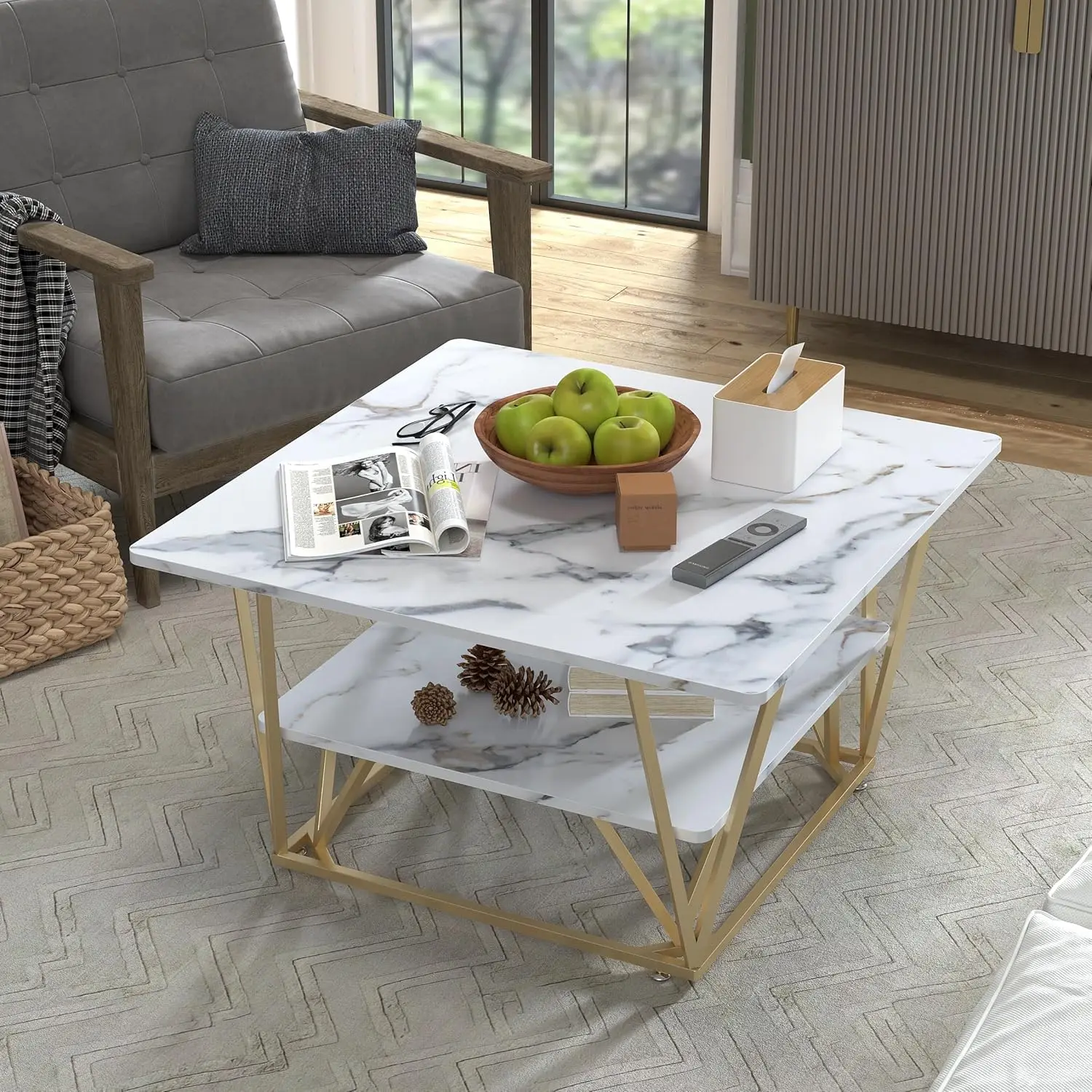 

Square Coffee Table for Living Room, Modern 31.5" Two-Tier Coffee Table with Wooden Tabletop-Marble White with Gold Frame