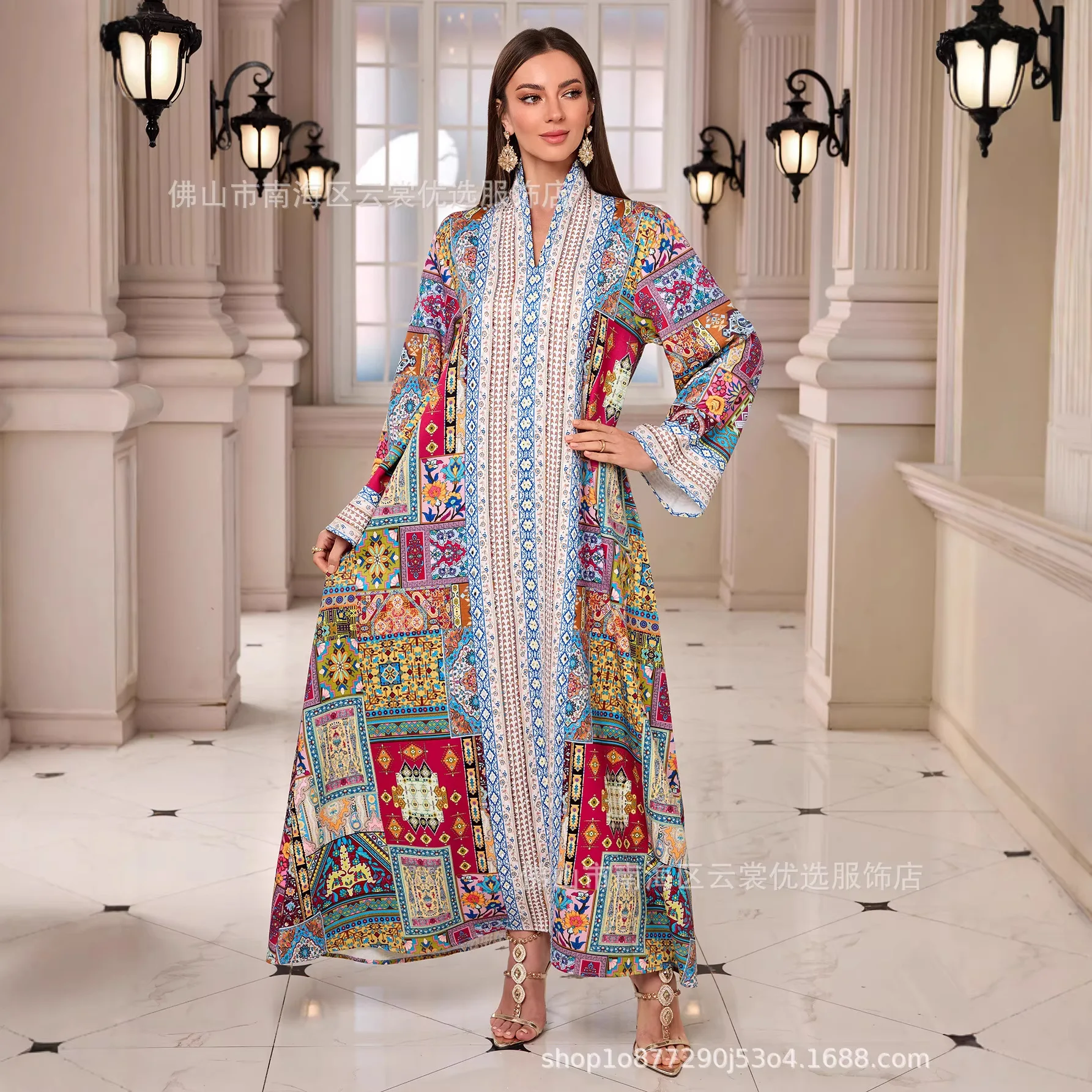 Eid Muslim Women Abayas Dress Print Kaftan Jalabiya Party Dresses Ramadan Vestidos Morocco Dubai Diamonds Islam Arab Long Robe 2