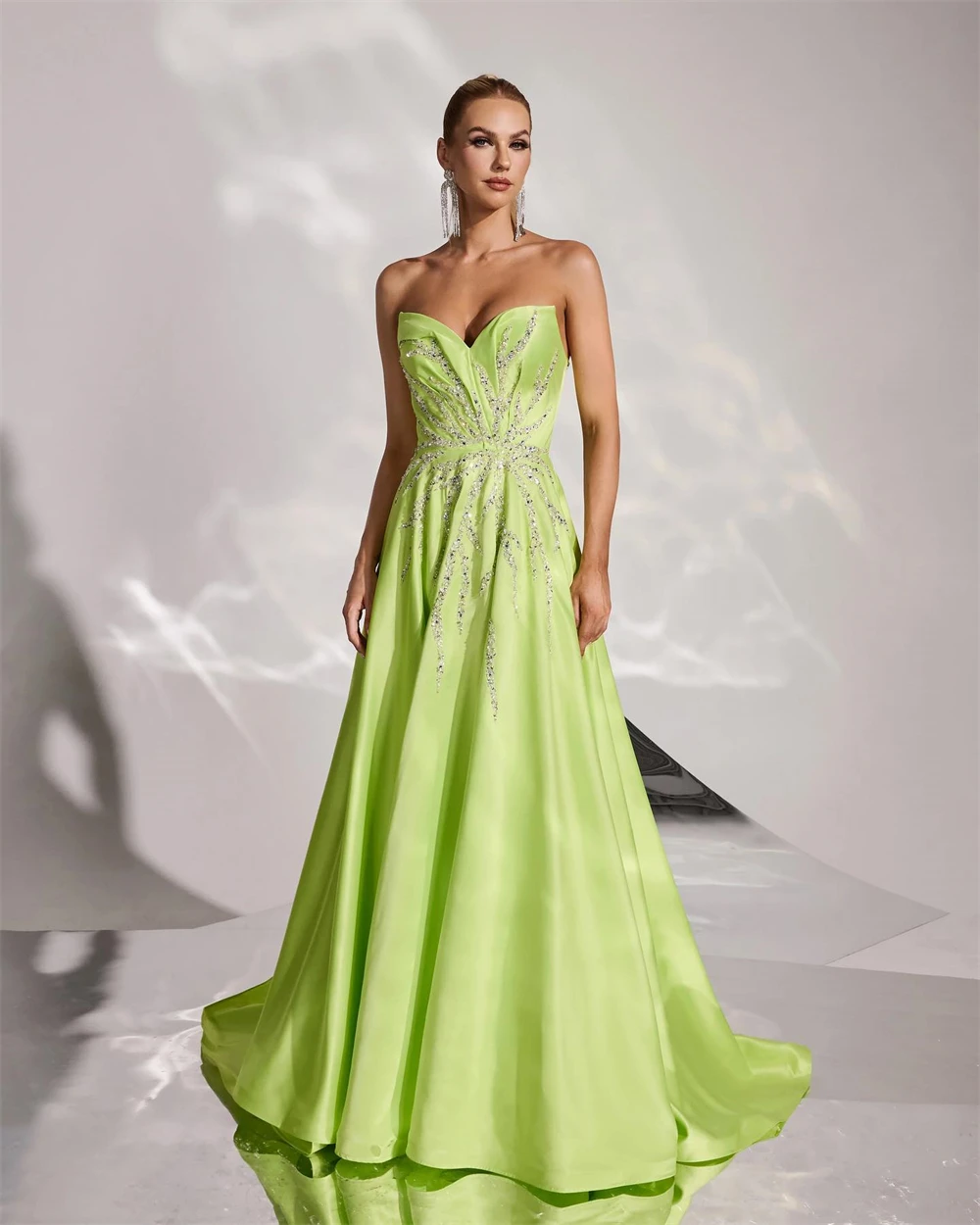 

Customized Simple Green Satin Evening Dress Temperament Strapless Prom Dress High Quality Sweep Train Bespoke Occasion Gowns