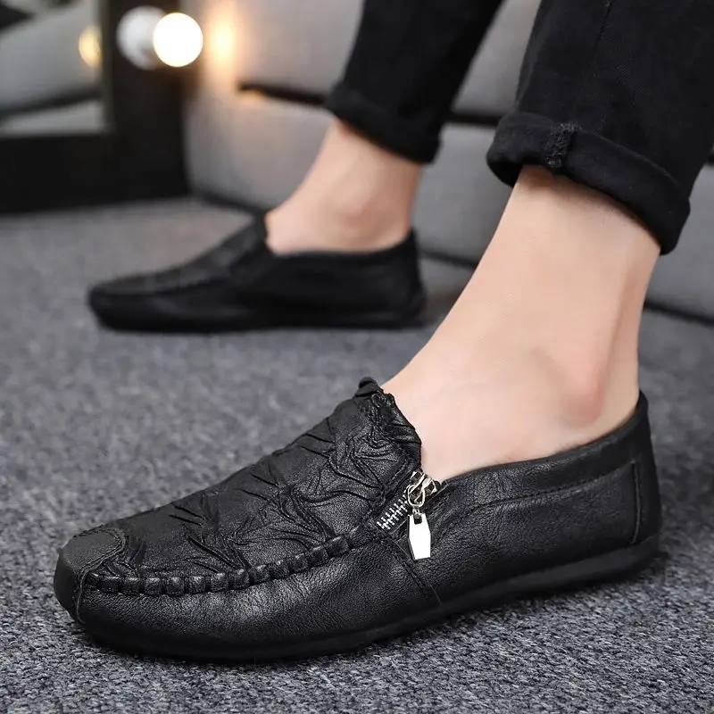 

Black Round Toe Slip-on Leather Shoes for Men Classic Original Elegant Designer Legitimate 2025 Trend Sale Retro Man Casual Shoe