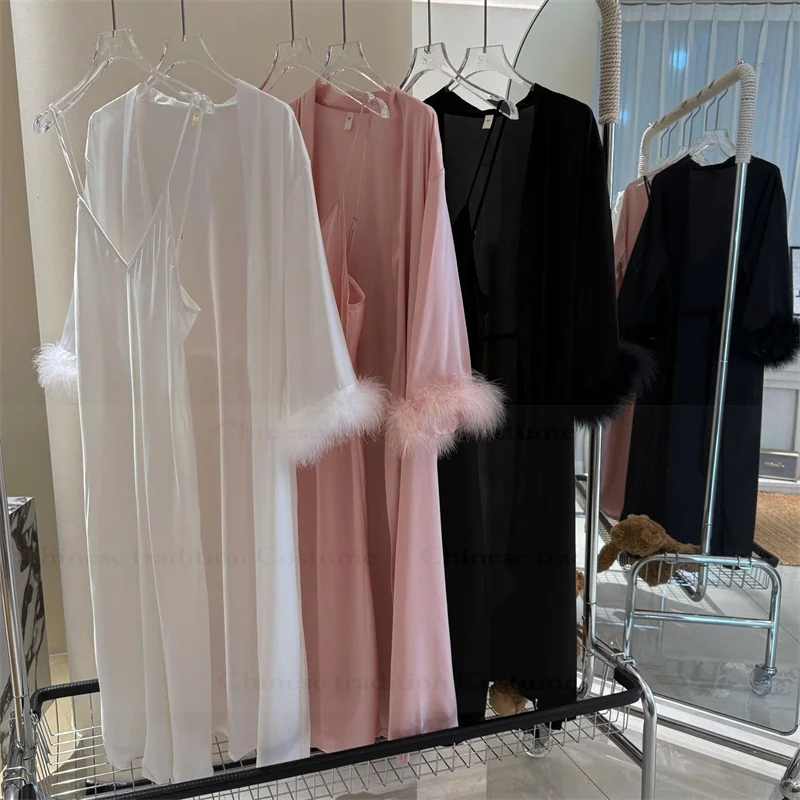 French Style Bride Wedding Robe Dress Set Lady Sexy V-Neck Chemise Sleepwear Feather Sleeve Trim Kimono Bathrobe Satin Lingerie