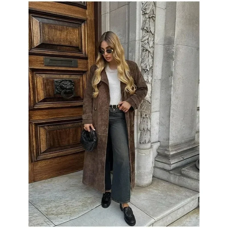 

Свободная длинная двубортная ветровка с поясом в стиле ретро для женщин, осенне-зимняя верхняя одежда, удобный замшевый материал