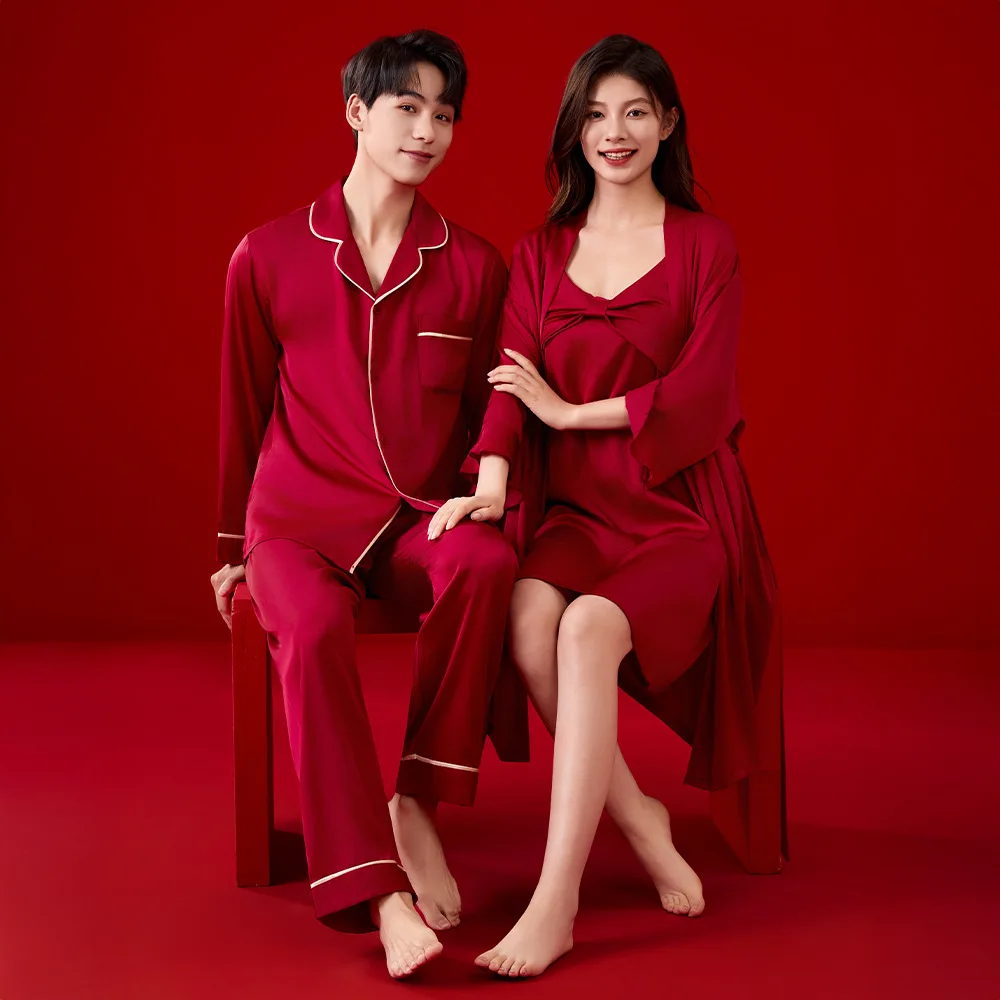 

Красная одежда для сна, пижамный комплект для пары, свадебная ночь, пижамный костюм с длинными рукавами, ночная рубашка для женщин и мужчин, домашняя одежда для дома, ночные рубашки