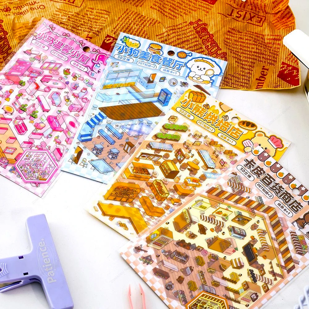 بالجملة! 3D PET ملصق المناظر الطبيعية لطيف الكرتون جيب المشهد DIY المقصورة ملصقات التراص حساب اليد هدية للطفل الطفل