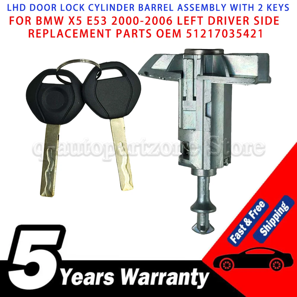 LHD Door Lock Cylinder Barrel Assembly With 2 Keys  Fit BMW X5 E53 2000-2006 Left Driver Side Replacement Parts OEM 51217035421