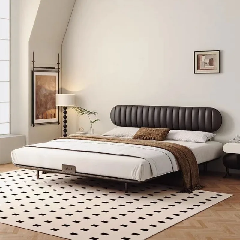 

Ultra-thin backrest bed Medium antique small apartment carbon steel suspended bed Black leather French bread bed