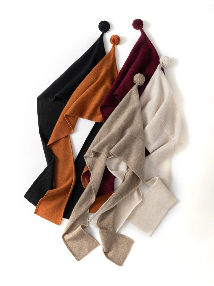 

Women Cashmere Hat Hooded Scarf Autumn Winter 100% Cashmere Knitted Beanies Fashion Pompom Cap Classic Soft Warm Thick Scarf Hat