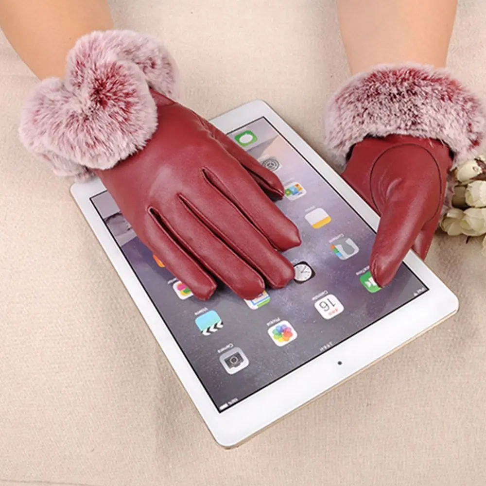 أزياء المرأة قفازات جلدية قفازات التزلج الفراء المعصم القفازات شاشة تعمل باللمس قفازات الشتاء الدافئة