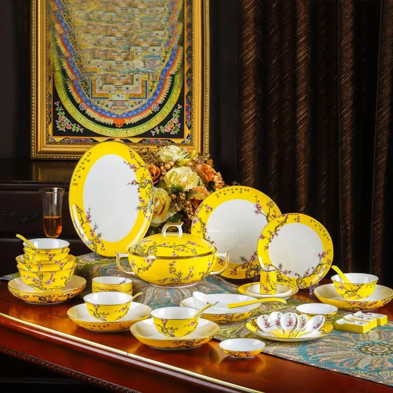 Phnom Penh dish set household high-end court bowl enamel colored bone china
