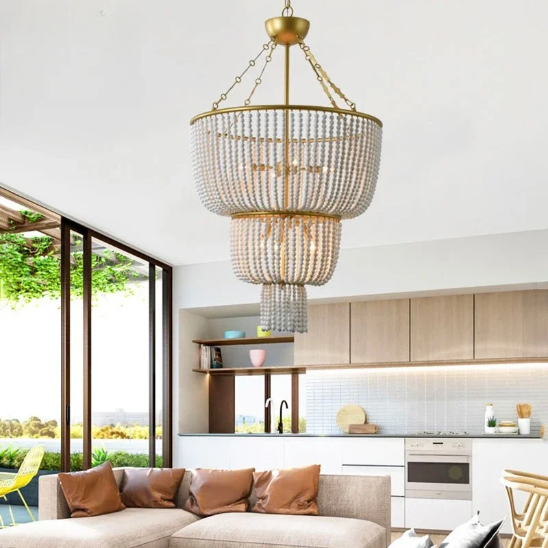

Vintage Loft Rustic Round Wooden Bead Pearl Chandelier E14LED Decorative Light Modern Living Room Hotel Kitchen Pendant Lighting