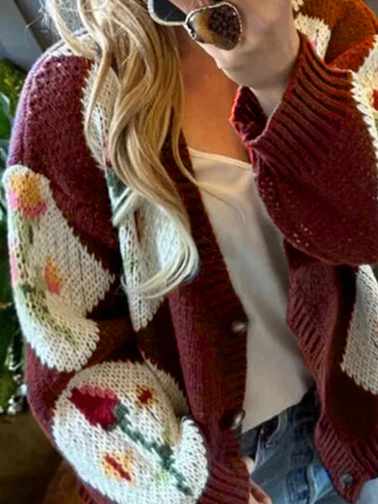 

2025 Elegant V-neck Loose Knit Cardigan Fashion Jacquard Contrasting Colors Outerwear Casual Long Sleeve Sweater Coat For Women