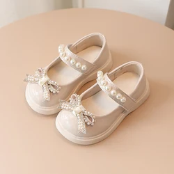 Girls' Pearl Bow Shiny Leather Shoes Children's Retro Round Toe Flat Dance Shoes Baby Non-slip Princess Shoes