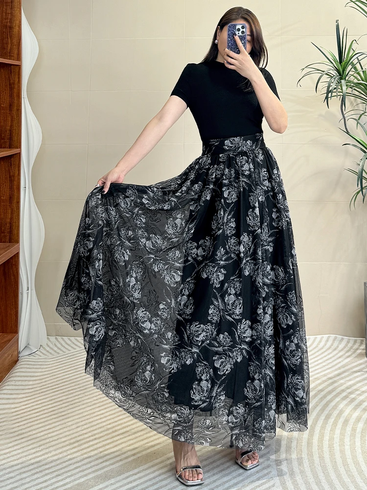 

Ele High Waist Umbrella Skirt with Embroidered Netting for Women Commute Slimming f-length Skirts by Tang Honey Home