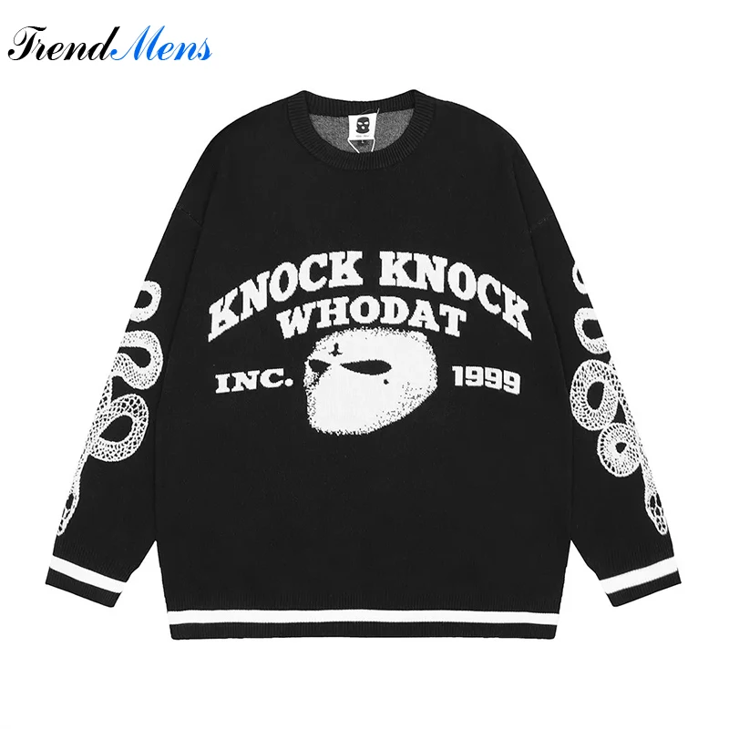 

Men Jacquard Letter Snake Pattern Knitwear Dark Black High Street Fashion Brand Round Neck Sweater Loose Couple Pullover Sueter