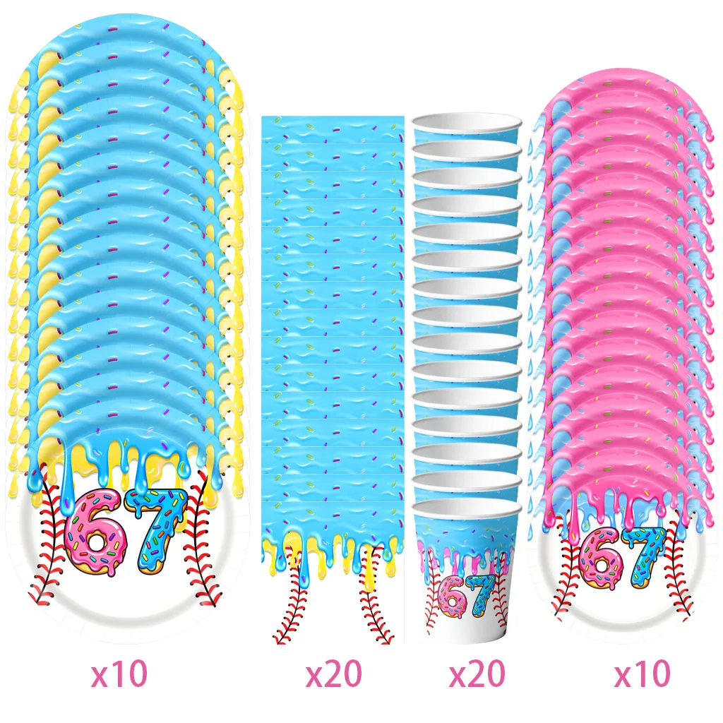 Neon 67 Birthday Decorations Party Supplies Tableware Disposable Plates Cups Napkins Banner Gift Bags Candy Box Baby Shower