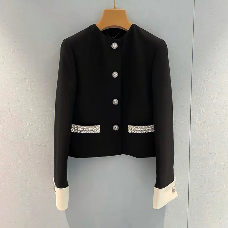 2025 Winter New French Suit Black Slim Fit Heavy Beading Round Neck Blazer Outfit
