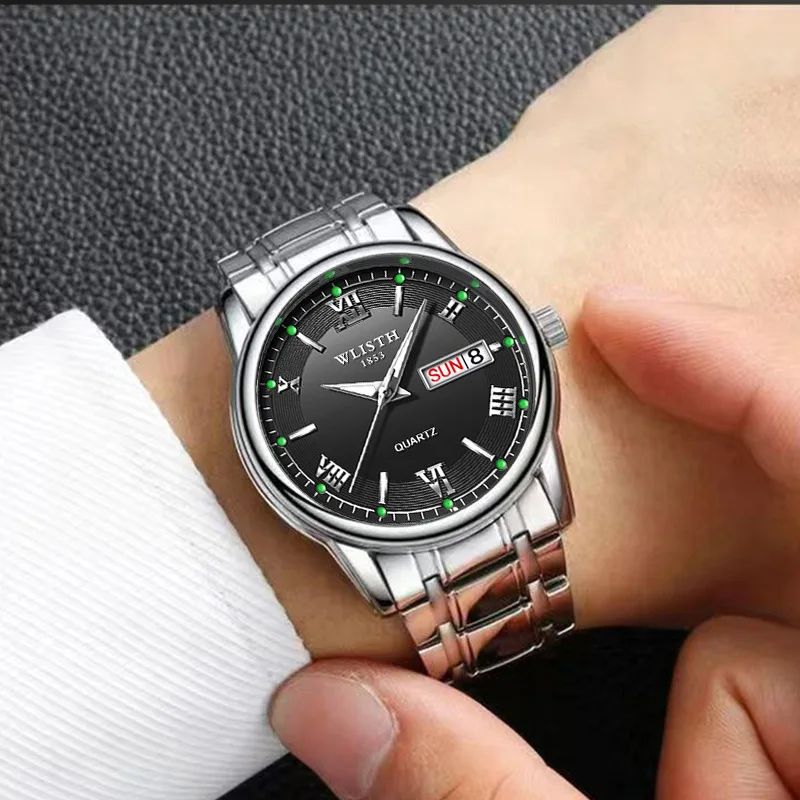 WLISTH Reloj de negocios clásico para hombre al por mayor - Reloj de pulsera de cuarzo resistente al agua con calendario dual luminoso y esfera grande personalizable