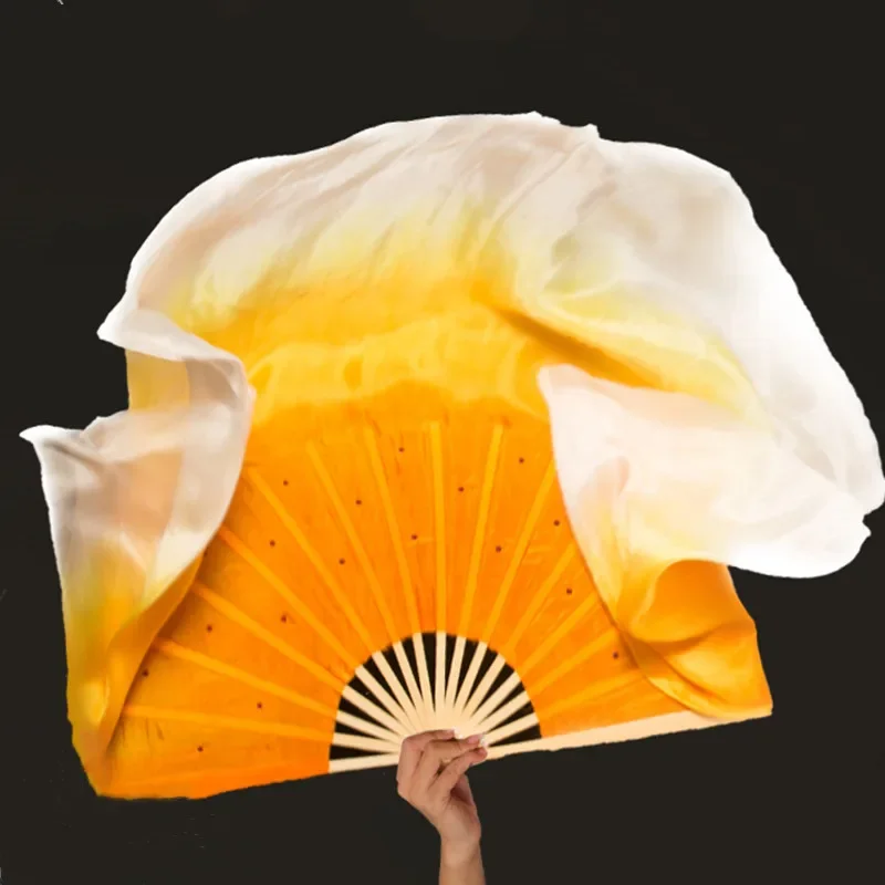 1 Pair Real Silk Veil Chinese Folk Dance Fan Bamboo Ribs Double Sided Performance Props Short Fan Veils Gradient Yellow