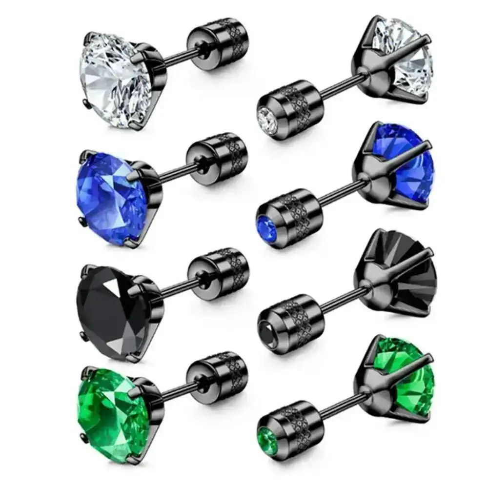 4 Pairs of Black 6MM Stud Earrings Featuring Stylish Design with 4 Colors of Cubic Zirconia Studs Textured Pillar Threaded Back