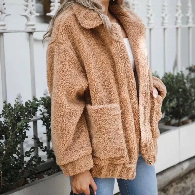 Chaqueta de piel sintética con cremallera para mujer, abrigo de felpa con bolsillos, abrigo de peluche grande, abrigos sueltos, otoño e invierno, 2021