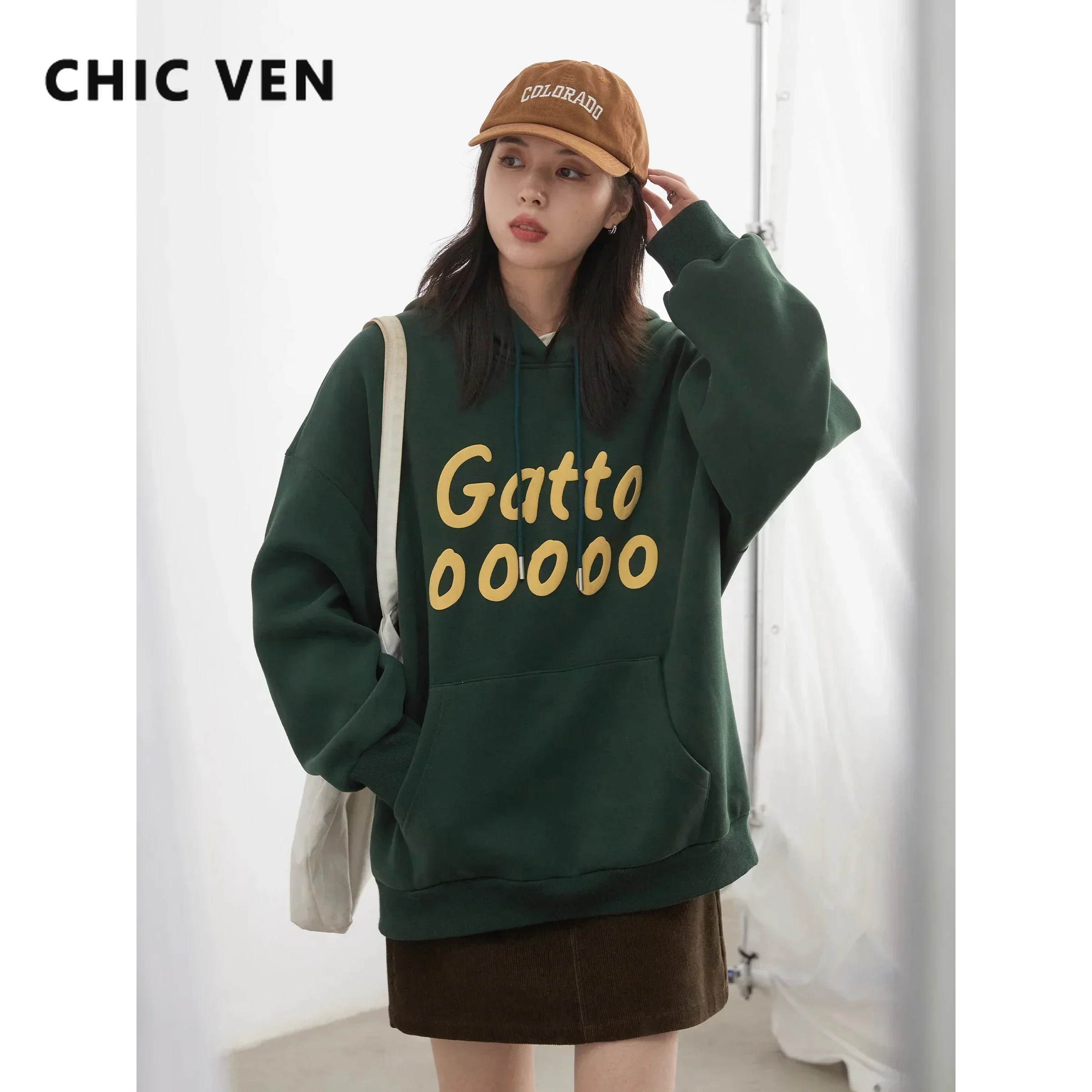 CHIC VEN Women Sweatshirts Loose Casual Hoodies Coat New Letter Hooded Fleece Female Oversized Plush Top Autumn Winter 2024