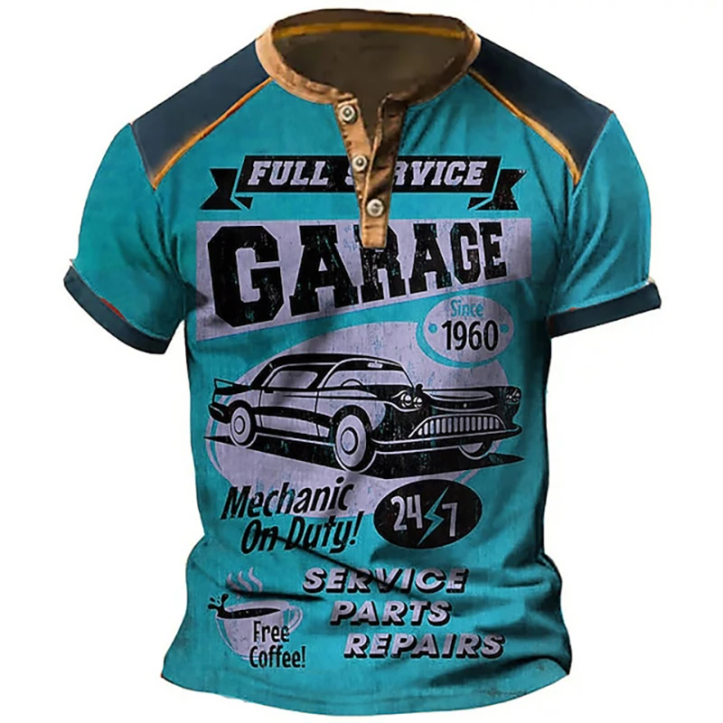 Car Graphic 3D Print Vintage Henley Shirts Men\'s Fashion Oversized Button-Down Short Sleeve T Shirt Man Male Tees Tops Clothing
