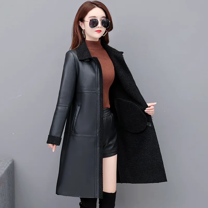 Femme 2023 inverno nova lapela de uma peça casaco de pele moda preto faux couro jaquetas femininas plus size longo velo grosso outerwear