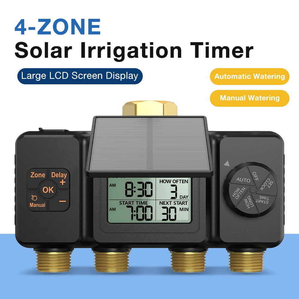 Solar Smart Water Timer, 4-Zone Independent Control, IPX6 Waterproof Automatic Garden Irrigation Timer with Quick Connector