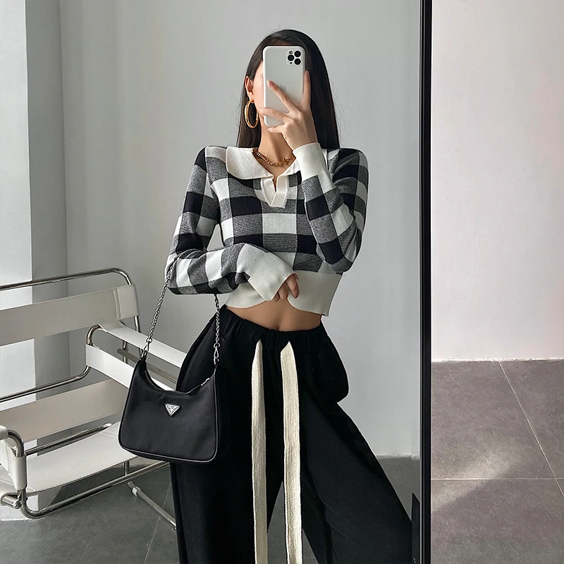 Herbst Vintage Stricken Crop Tops Frauen Pullover Pullover Weibliche Lange Hülse Elastische Beiläufige Plaid Gestrickte Shirts