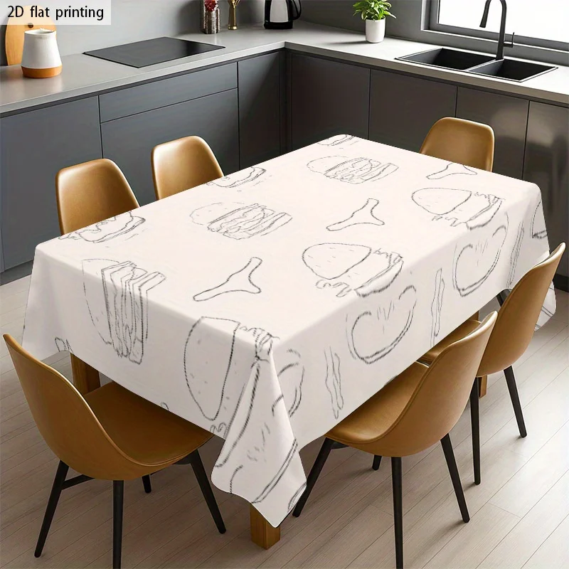 1pc ' Burger Print Tablecloth with Hamburger & Fries Design - Beige & Brown Durable Fabric, Easy-Clean Rectangular Table Cover f