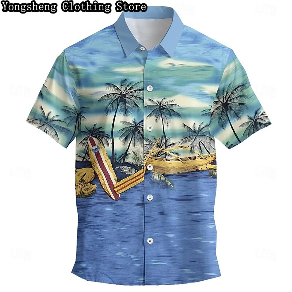 Men\'s short-sleeved striped printed ice silk casual shirt independent site hot-selling Hawaiian vacation short-sleeved clothing