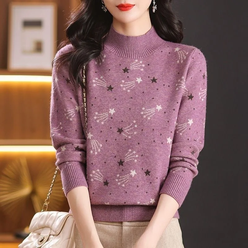 Fashion Pulls Femmes Half Turtleneck Knitting Woman Clothes Warm Printed Pullover Top Autumn Winter Bottom Wear Women's Sweater