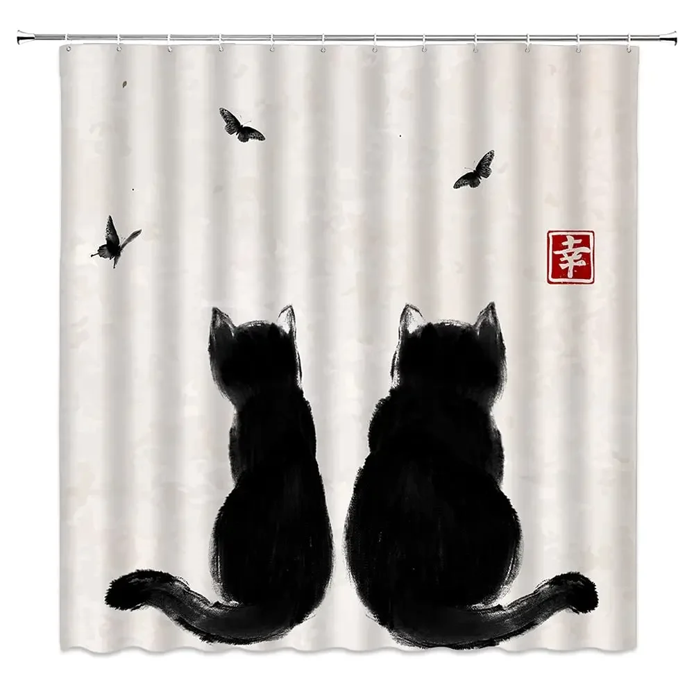 Asian Style Traditional Japanese Ink Painting Shower Curtain Vintage Cat Animal Cartoon Black Cat Silhouette Bathroom Decorative