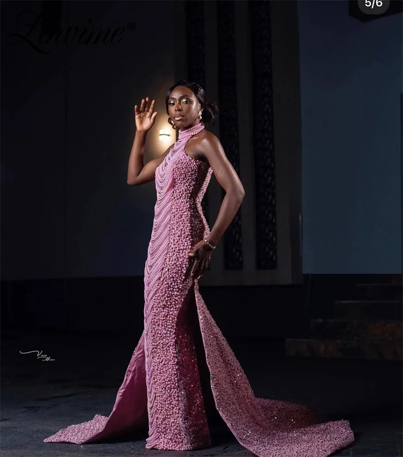 Full Pearls African Mermaid Prom Dresses 2023 Haute Couture Arabic Beading Tassel Birthday Celebrity Dresses Pageant Party Gowns