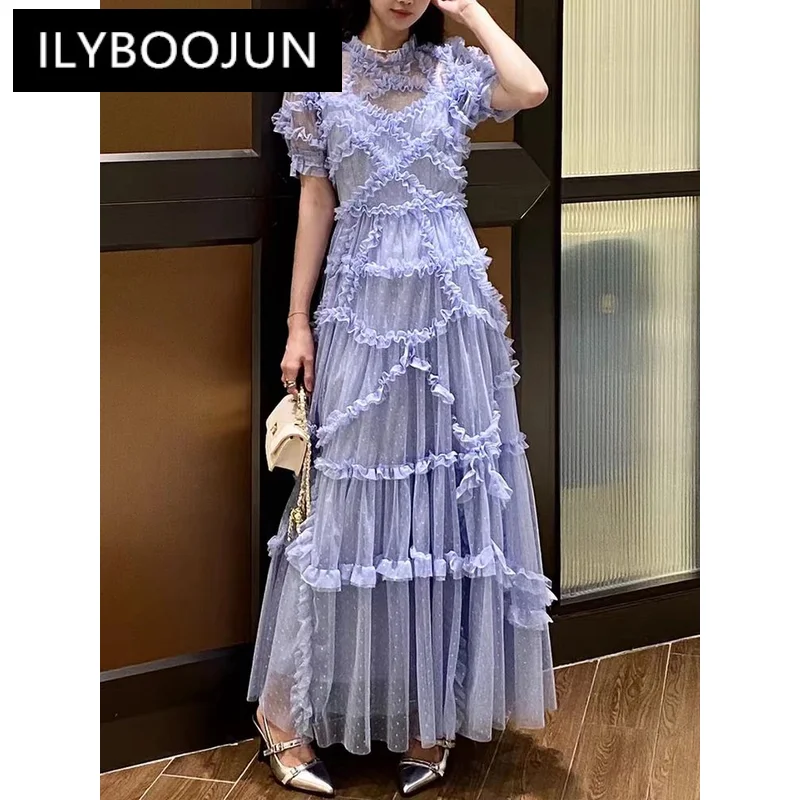 

ILYBOOJUN Point Dresses For Women Round Neck Short Sleeve High Waist Folds Elegant Dress Female Fashion Style Clothing 2023