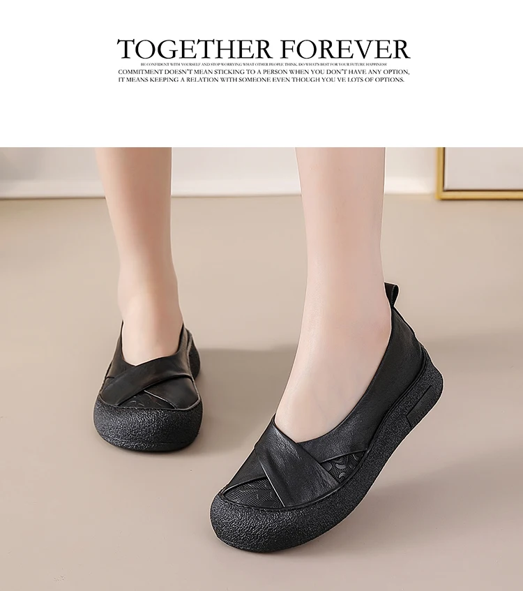 Neue Echtleder-Ballerinas für Damen, V-Ausschnitt Slip-On Schuhe, Retro-Kreuzfalt-Mokassins mit Prägungsmuster für Damen – Detail 9