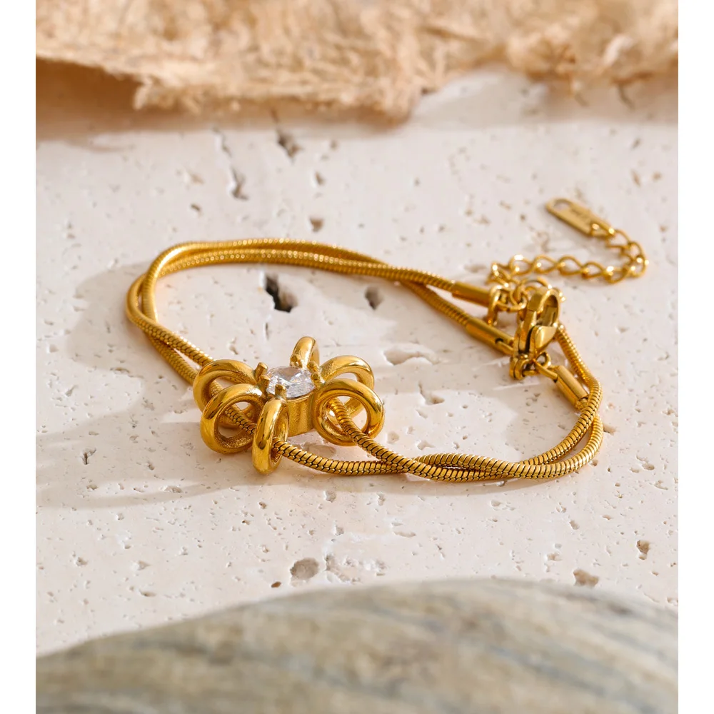 Yhpup Stainless Steel Zirconia Flower Chain Bracelet Bangle 18K Golden PVD Plated Delicate Glamorous Jewelry
