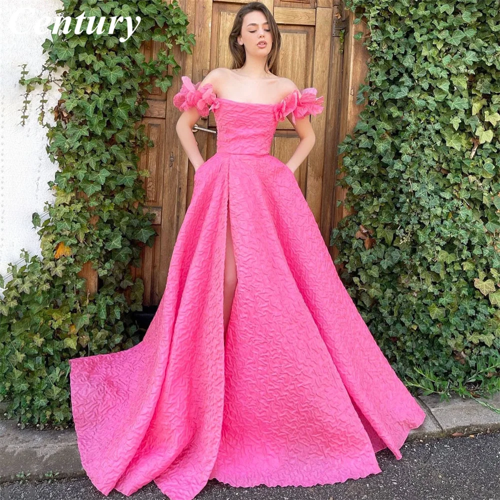 

Customized Off Shoulder Flowers Evening Party Gowns High Slit A Line Prom Dresses Simple Floor Length Homecoming Dress Custom