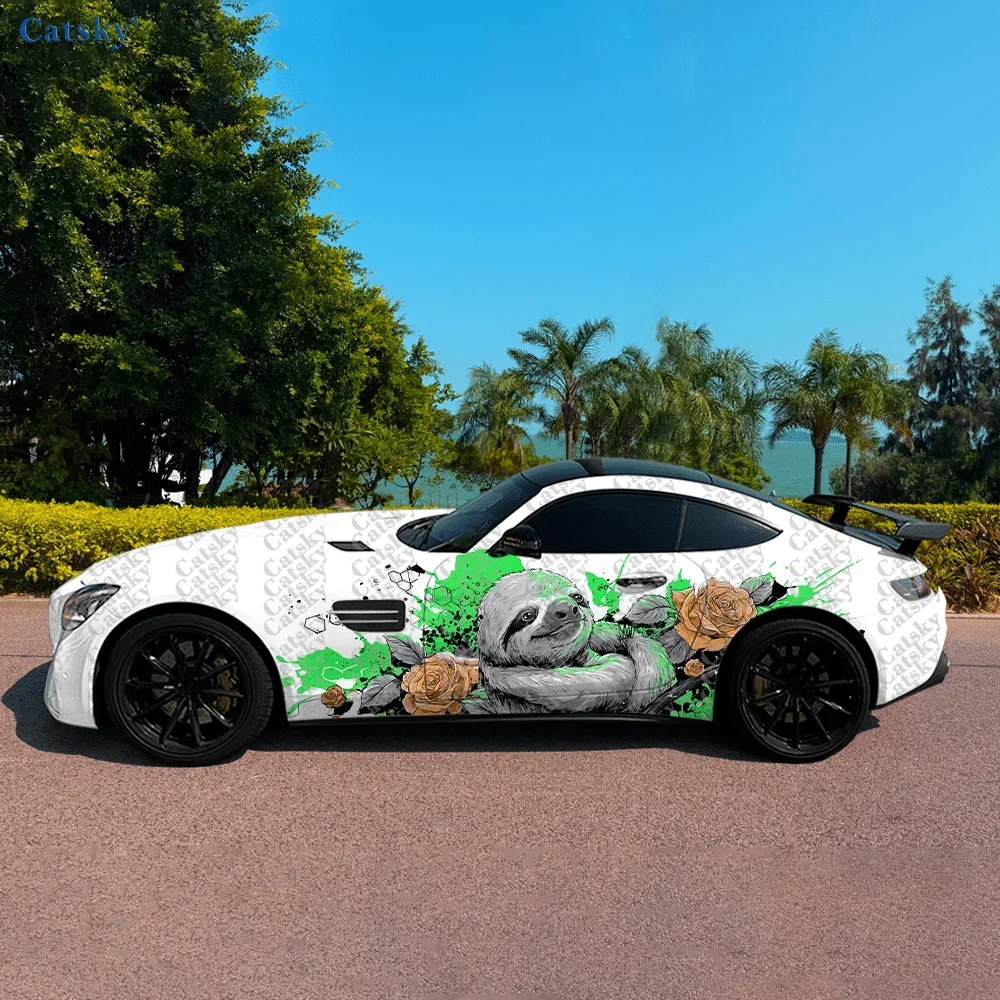 Sloths Rose Splatter Car Vinyl Wraps Decal Self-adhesive PVC Sticker Suitable for Trucks SUV Decoration Auto Accessories Gift