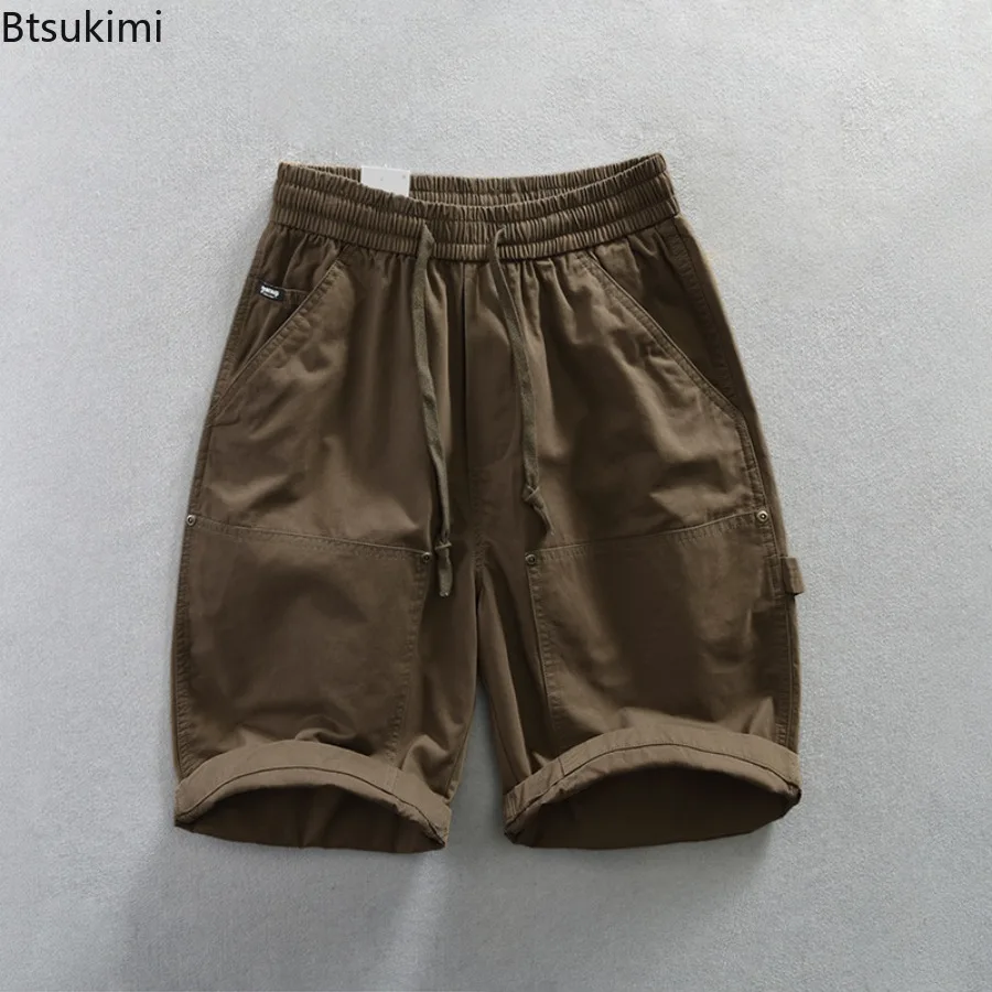 Summer New Men's Cargo Shorts 100% Cotton Elasticated Waist Casual Drawstring Straight Shorts Retro Big Pockets Baggy Pants Male